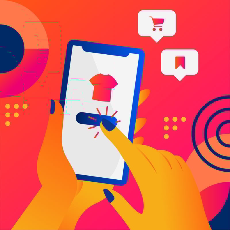 Animated hand clicking purchase button on mobile device.